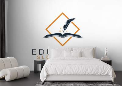 Creative Book story logo design.  Feather and book vector illustration.  Wall mural