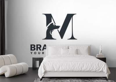 Letter M and wolf head combination logo design. Wolf and fox head with letter creative combination logo. Wall mural