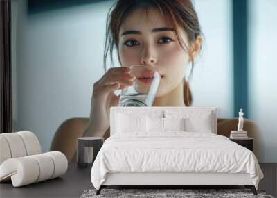 A beautiful Japanese woman is drinking water from the glass. Portrait. close up view Wall mural