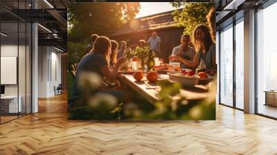 a group of friends having dinner and drinks outside in the nature. Vacation with friends. Fun, celebration. Summer time Wall mural