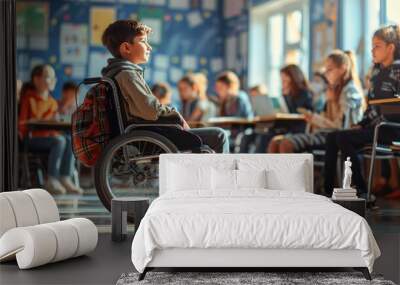 A happy handicapped child in a wheelchair in a school classroom among healthy children. An inclusive form of education Wall mural