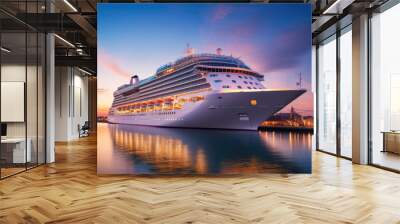 A large, white cruise ship stands near the pier at sunset, side view. Summer vacation, travel, adventure, hot tour. Wall mural