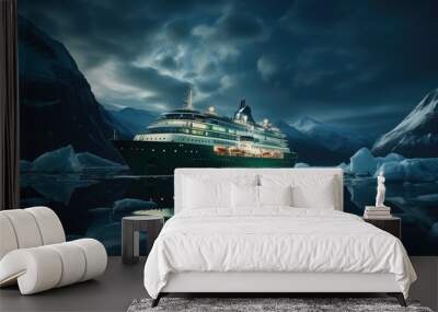 A modern, white cruise ship sails the Arctic Ocean, among ice floes and asbergs. Travel and vacation. En route, northern lights Wall mural