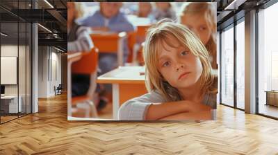 A young girl sits at her desk in an elementary school classroom, looking bored and tired Wall mural