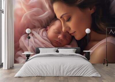 A young mom holds her newborn baby in her arms and sleep. Happy motherhood. A mother's love. Birth of a child. breastfeeding Wall mural