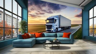 AI generated image of modern large trailer driving down an empty road at sunset. Logistics company. Freight transportation. Fast delivery. Wall mural