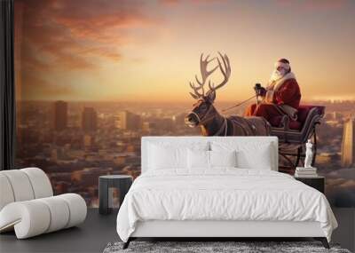 Ai generative of Santa on a sleigh in close-up against a metropolitan backdrop at sunset. New Year's card. Christmas atmosphere. Vintage colors. . High quality photo Wall mural