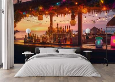 Bar on the beach at sunset, party, view from the bar to the beach and Palms. Cozy atmosphere, mocap Wall mural