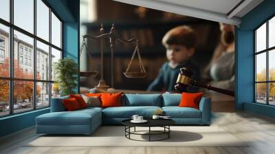 Cute child and mother at table with gavel of judge blurred in background, family law concept Wall mural