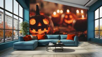 Halloween Pumpkins And Candles On Wooden. Wall mural