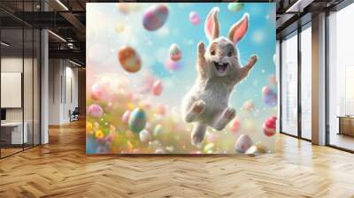 Illustrastion of cute Easter bunny jumps among colorful Easter eggs on a green lawn Wall mural