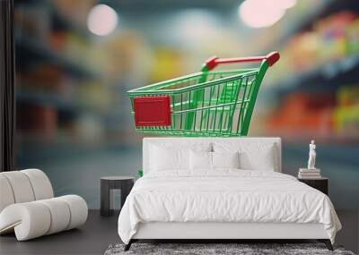 metal Cart with wheels for shopping at the supermarket. Shopping day. Grocery shopping Wall mural