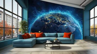 Planet Earth is shrouded in a network grid. Space technology, Internet coverage of Earth Wall mural