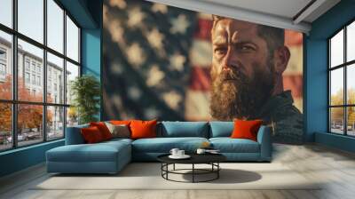 portrait of an american veteran with beard in front of the flag. cinematic style Wall mural