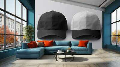 Two caps in different angles on a monochrome background. Mock up, material for mounting and presentation of logos Wall mural