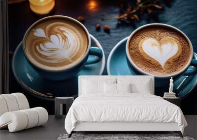 Two cups of coffee with heart-shaped foam on the coffee table. Romantic atmosphere. Romantic date. Love, valentine's day Wall mural