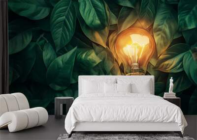 A glowing lightbulb symbolizing a bright idea for business growth, set against a vibrant green plant background, representing growth and sustainability.  Wall mural