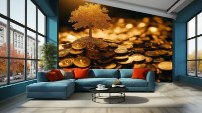 A golden tree growing on top of a pile of golden coins, symbolizing business and investment growth.  Background featuring abstract financial symbols and a wealth Wall mural