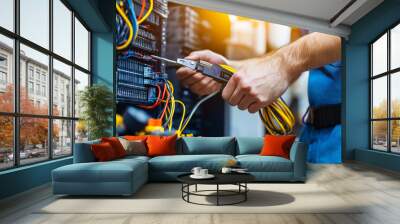 An internet technician carefully handling fiber optic cables with specialized tools, standing beside a server rack with copy space.  Wall mural