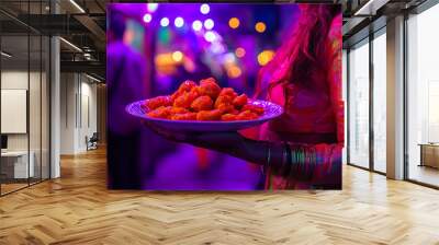 Cropped portrait of a woman in a colorful punjabi suit holding a plate of sweets. Diwali market background.  Wall mural