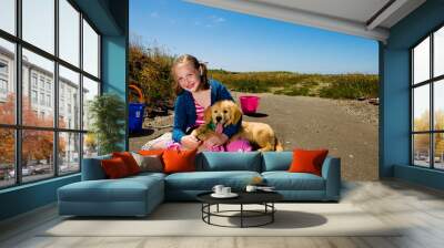 cute kid with her dog outside Wall mural