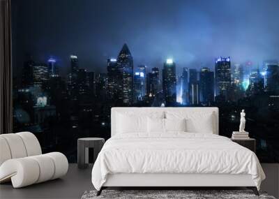 New York city at on a foggy night with lights glowing Wall mural