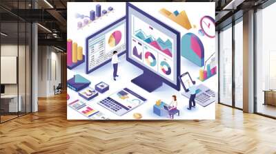 Business strategy isometric vector illustration. Data analytics for company marketing solutions or financial performance. Budget accounting or statistics concept. Website banner layout template. Wall mural