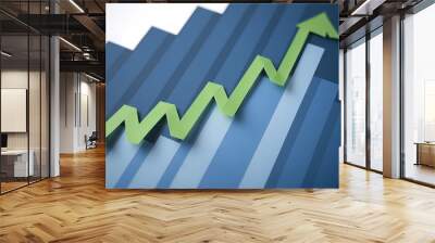 Green upward arrow on a blue graph symbolizing growth and increasing trends in business and finance. Wall mural