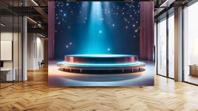 Silver platform on festive stage background with blue light beam in the middle. 3D render illustration of mockup with copy space for product display, template or presentation. Wall mural