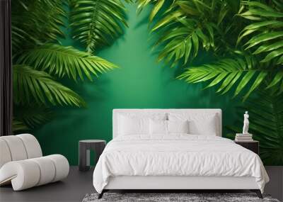 Tropical palm leaves on green background. 3D render illustration for template, backdrop and graphic design Wall mural