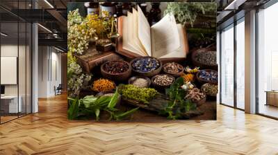 Herbal medicine on wooden desk background Wall mural