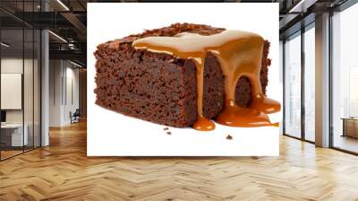 Caramel flowing on brownie isolated on white background Wall mural