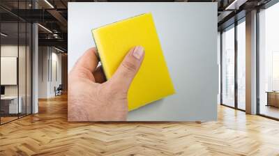 Man holding kitchen sponge on the white background Wall mural