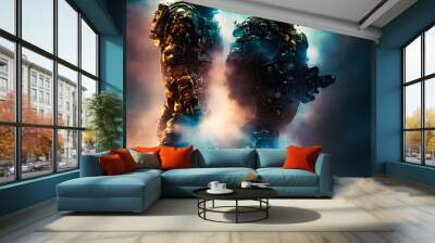 two astronauts from the future in camouflage clothing, among very colorful smoke Wall mural