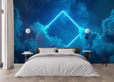 A diamond-shaped neon light stands out against a mystical backdrop of swirling blue clouds, creating an otherworldly visual experience Wall mural