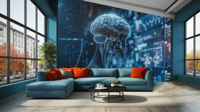 Exploring the connection between technology and cognition through a digital representation of a human brain surrounded by data visualizations Wall mural