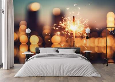 Sparkler with blurred busy city light background Wall mural