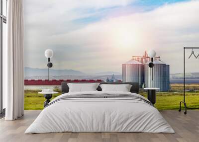 industrial place, two huge metal silo next to a pig farm on the green field, blue sky with clouds Wall mural