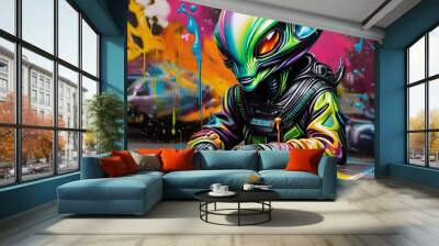 Colorful Alien Martian man in spacesuit with cars in the background for splash art Wall mural