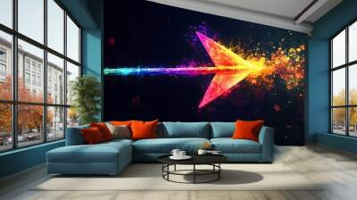 An abstract and vibrant illustration of an arrow pointing right made with colorful lights Wall mural