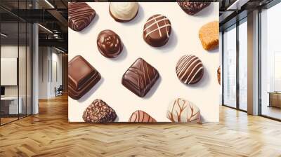 An aerial illustration of delicious chocolates scattered out on a white background Wall mural