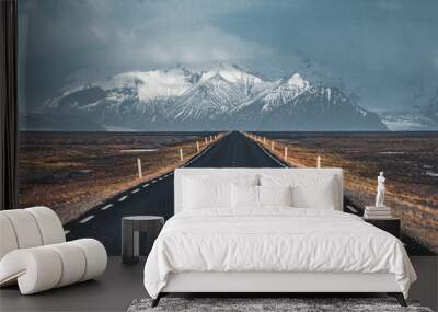 Street Highway Ring road No.1 in Iceland, with view towards mountain. Southern side if the country. Wall mural