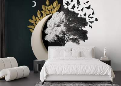 tree and moon. Black white and gold Wall mural