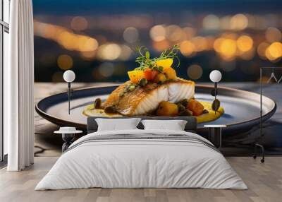 crispy sea bass fillet with potato-mango curry and fried capers on tomato velouté mirror, Generated image Wall mural