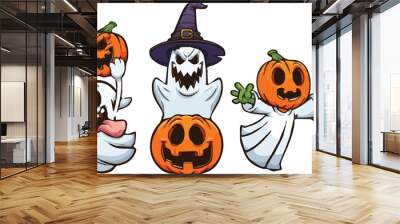 Cartoon Halloween illustrations: ghosts, witch hats, and pumpkins Wall mural