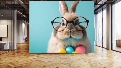 Portrait of real easter rabbit with glasses holding colored eggs. Studio shot on light blue or blue background Wall mural