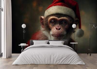 A portrait of a monkey wearing a Santa hat and a red coat,digital art,illustration,Design,vector,art Wall mural