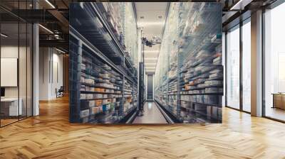 A pharmacy storage room and a robot hand are arranging and store out drugs in a pharmacy. Wall mural