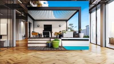 modern pergola structure in a contemporary house surrounded by a garden and swimming pool Wall mural