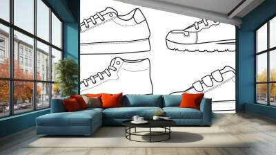 Shoes sneaker outline drawing vector symbol icon, shoe fill in the blank set collection, black line sneaker trainers template outline Wall mural